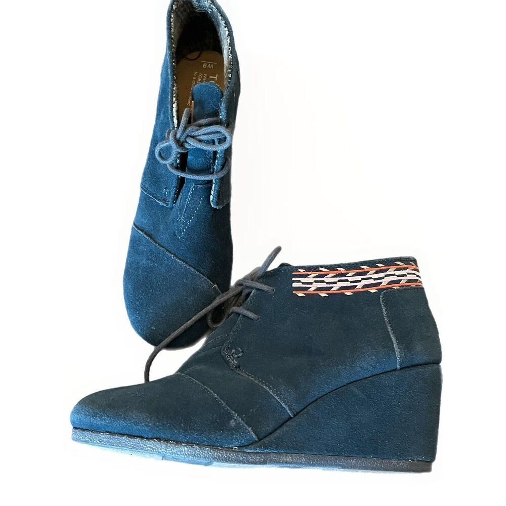 Toms Blue Ankle Boots with Patterned Trim